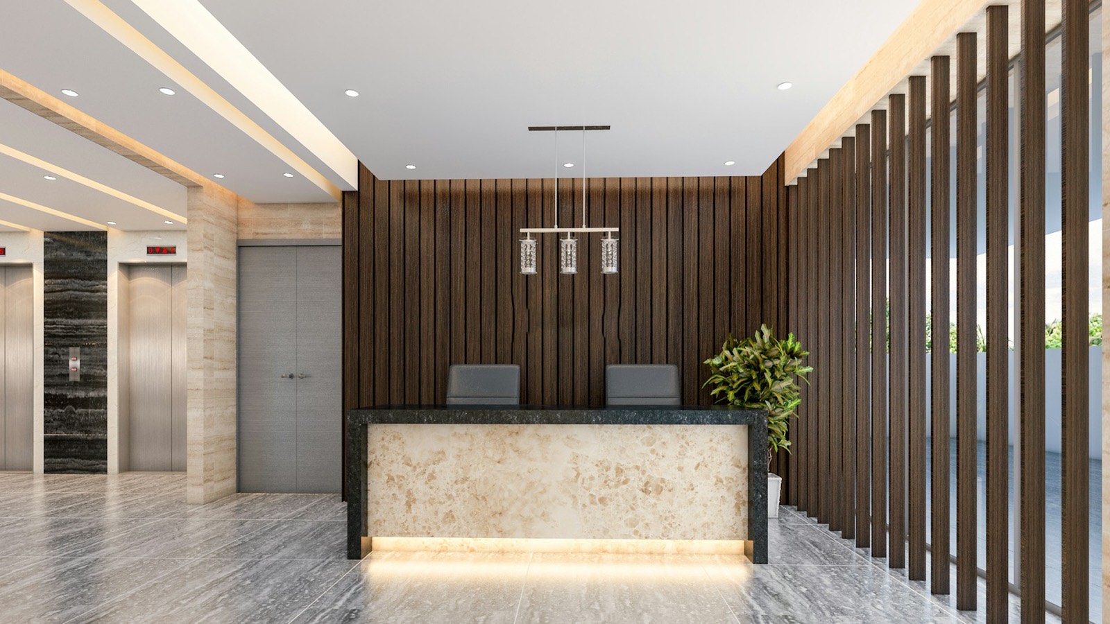 Lobby de recepción del edificio con ascensores